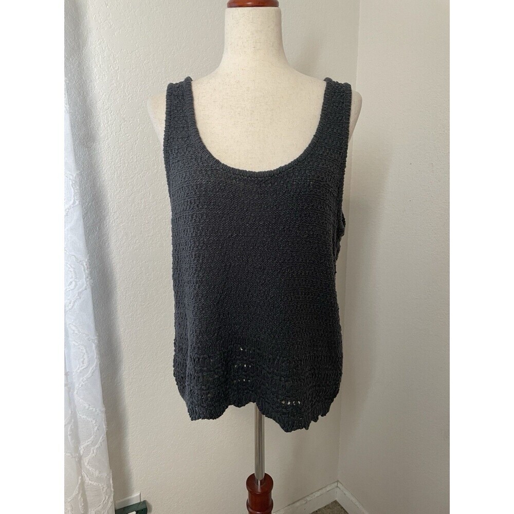 A.N.A Cotton Crochet Knit Tank Top large Charcoal Gray Boho Beachy Minimalist